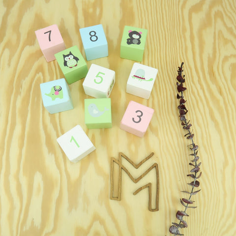 Houten blokken cijfers en dieren
