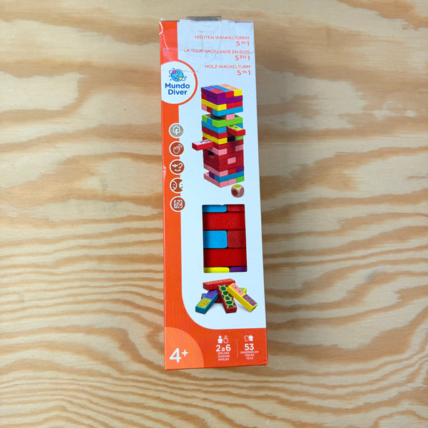 spel: houten blokken met 5 speelmogelijkheden