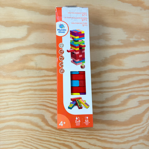 spel: houten blokken met 5 speelmogelijkheden