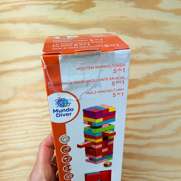 spel: houten blokken met 5 speelmogelijkheden