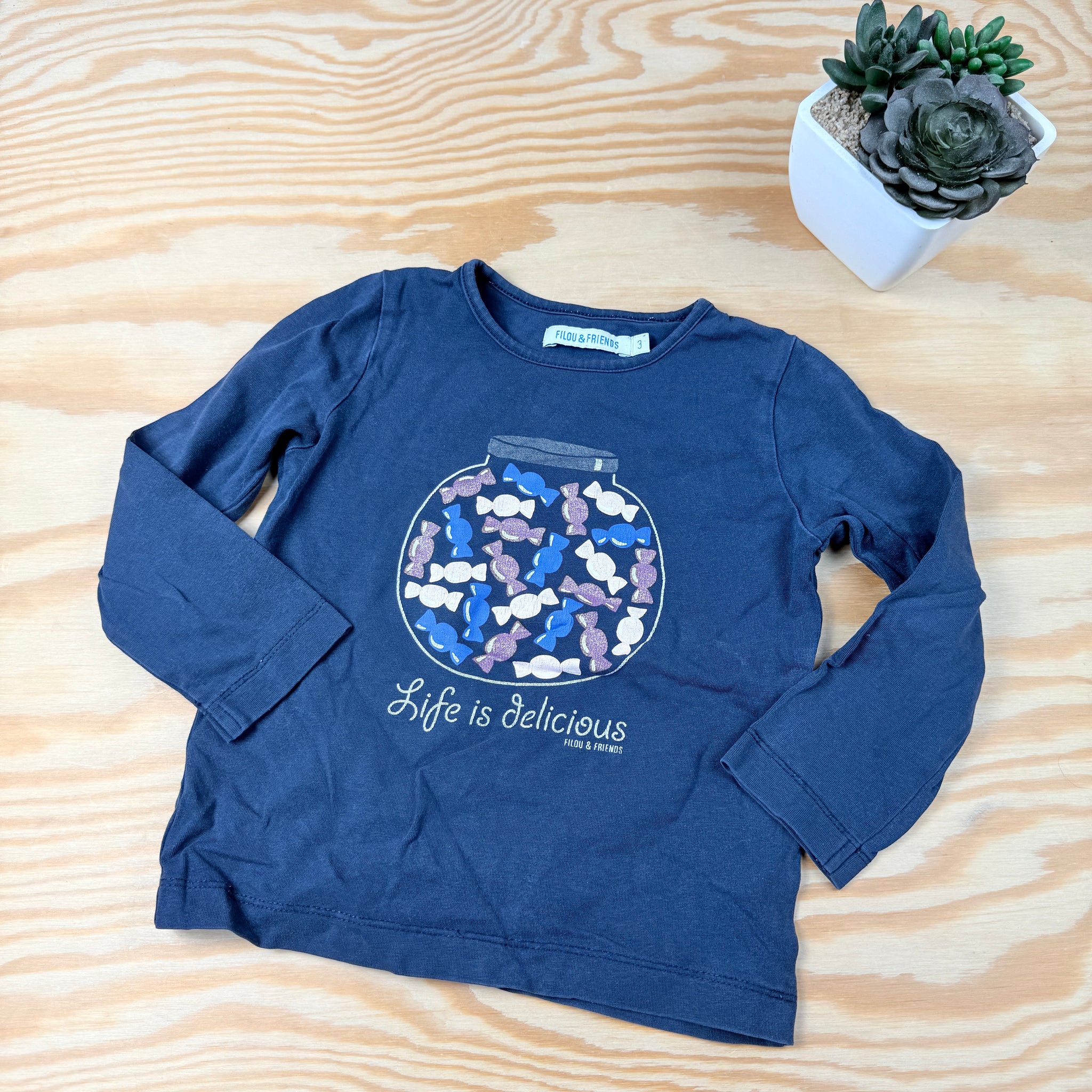 blauw shirt met lange mouwen Snoepbokaal Filou&Friends  maat 3 j