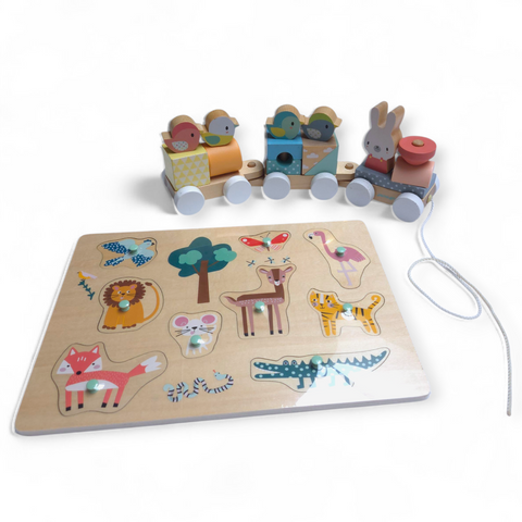 Houten blokkentrein Janod en inlegpuzzel dieren