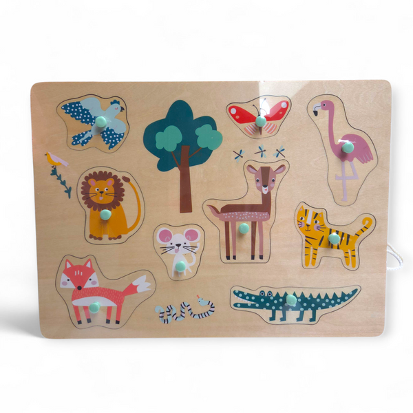 Houten blokkentrein Janod en inlegpuzzel dieren