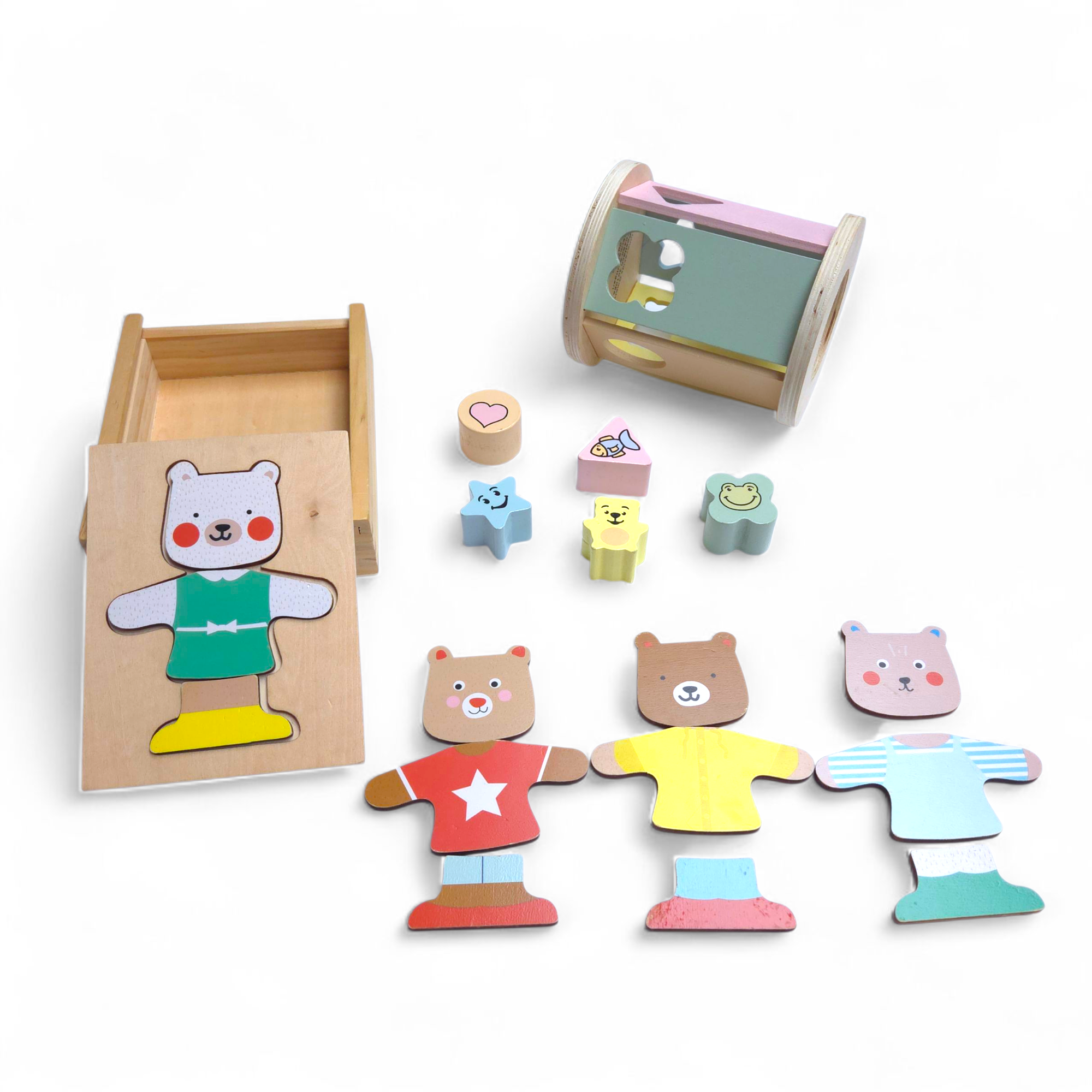Houten set met beertjes puzzel en vormenstoof