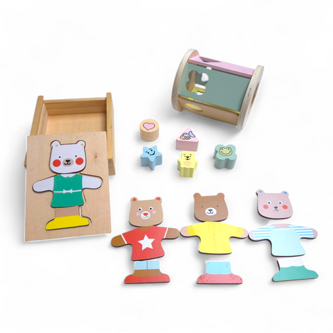 Houten set met beertjes puzzel en vormenstoof