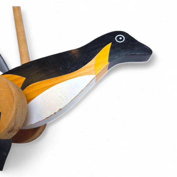 Houten set met duwstok pinguïn, auto en fototoestel