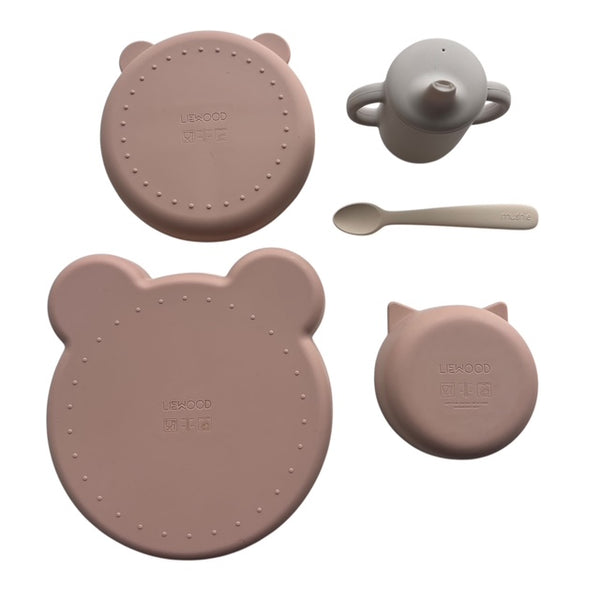 Liewood x Mushie siliconen eetset met drinkbeker roze